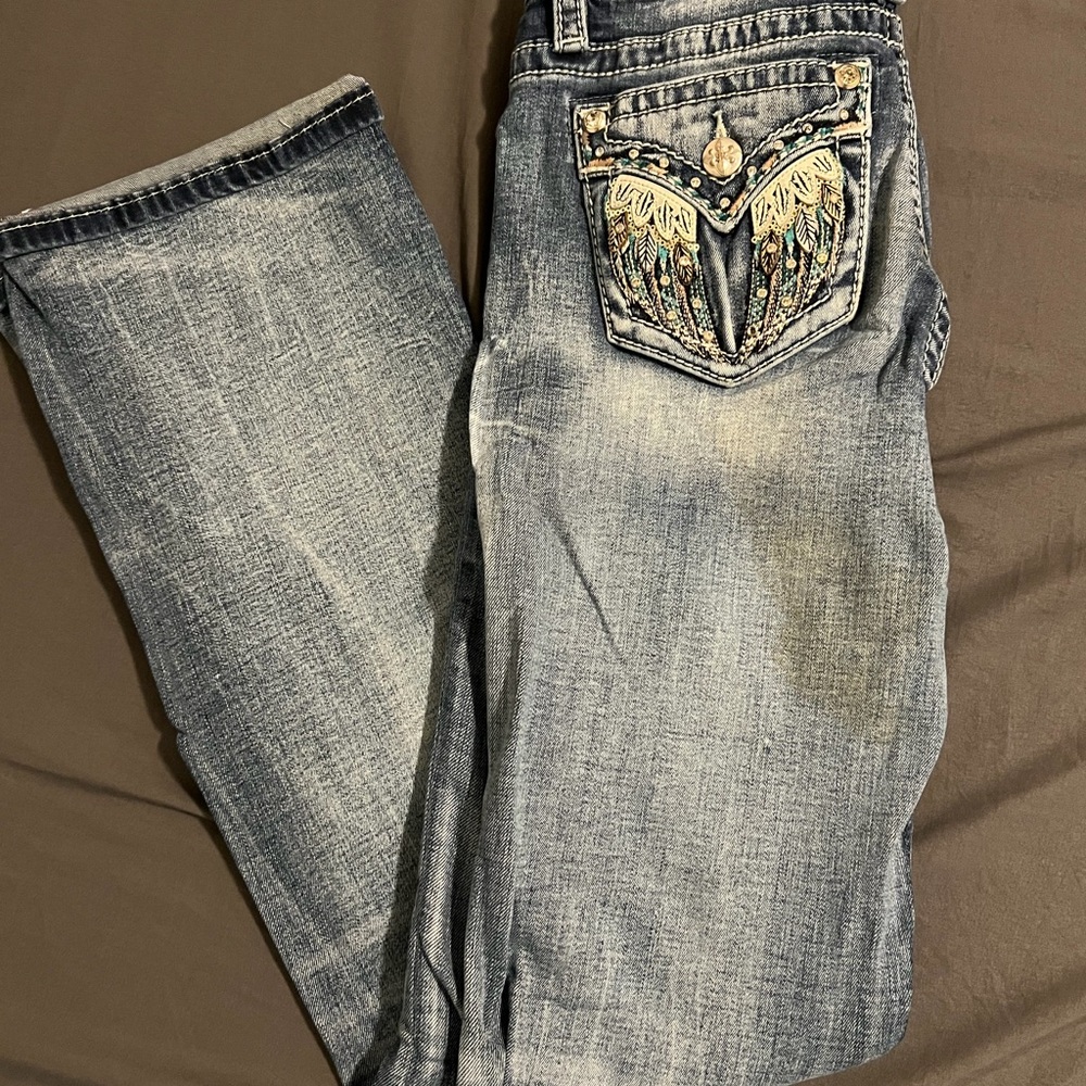 Miss Me Women's Boot Cut Jeans - Blue with Gold Accents